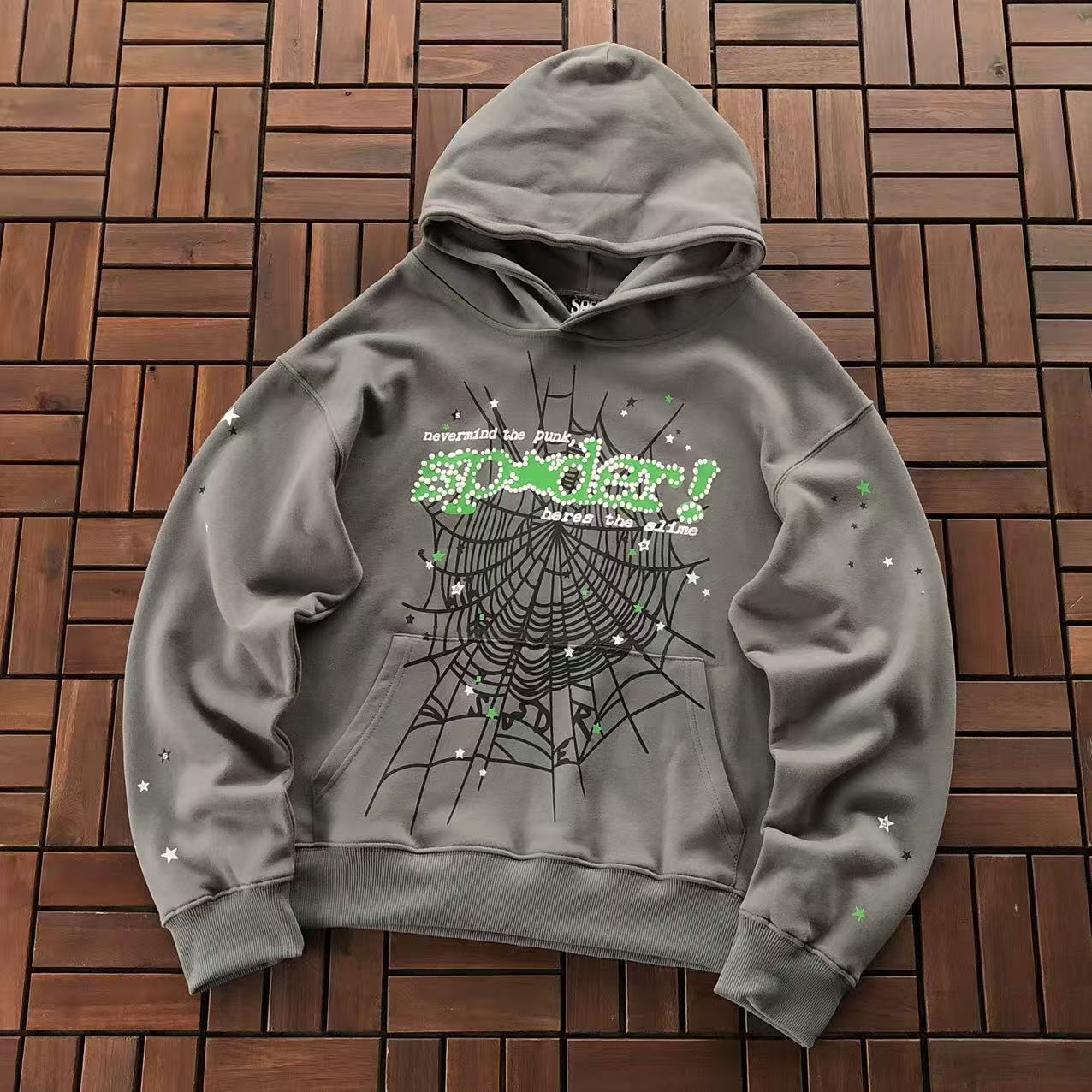 Grey and Green Web Hoodie